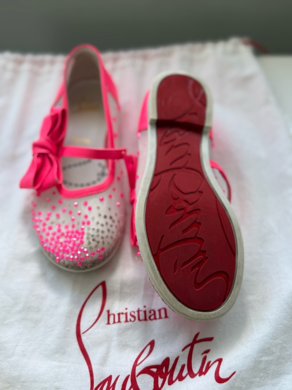 Christian Louboutin Girls Pink Crystal Mary Jane Bow Shoes - Picture 3 of 3
